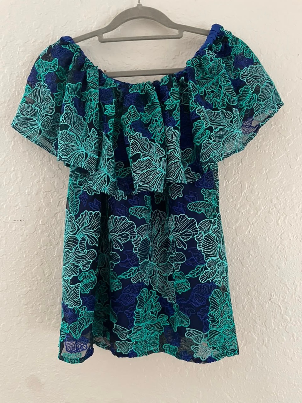 Women’s Off-Shoulder Floral Lace Top in Teal and Navy